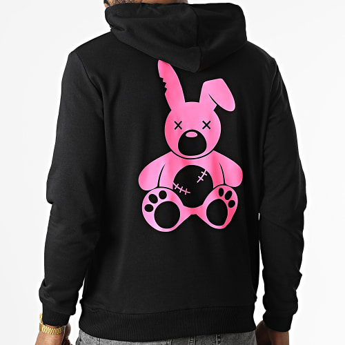 Sweat Capuche Lapin Noir Rose Fluo