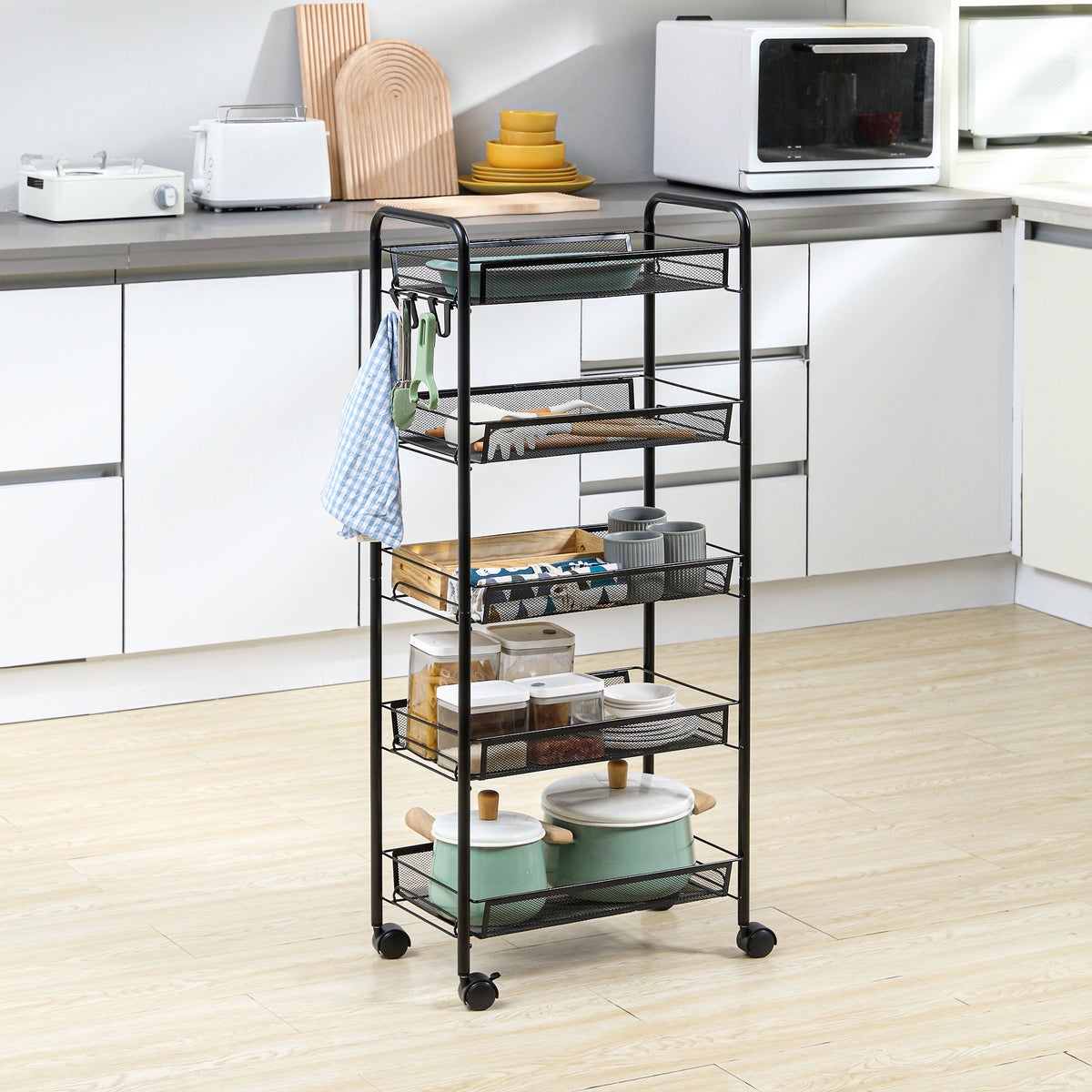 HOMCOM Rolwagen, Serveerwagen met 4 Planken, 5 Manden, Opbergwagen met Handvat, Keukenwagen voor Keuken, Woonkamer, Staal, Zwart