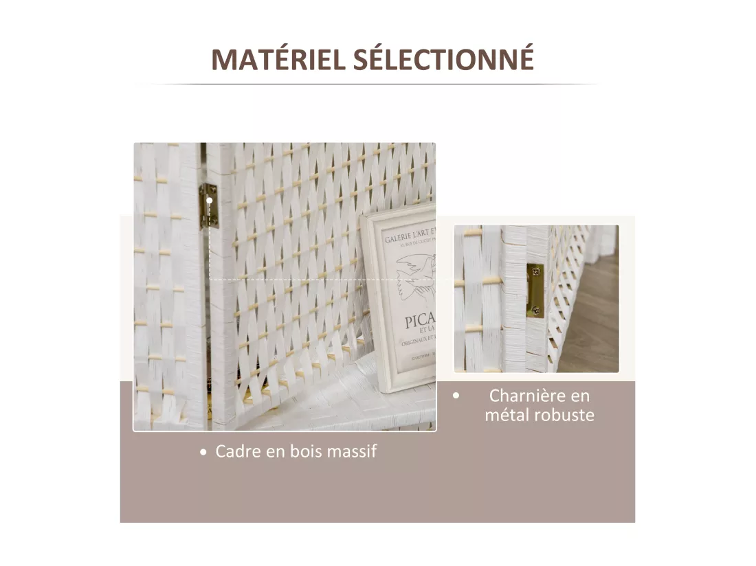 Paravent intérieur 4 panneaux 2 étagères pliables séparateur de pièce bois de pin bambou fibres de papier tressée blanc paille