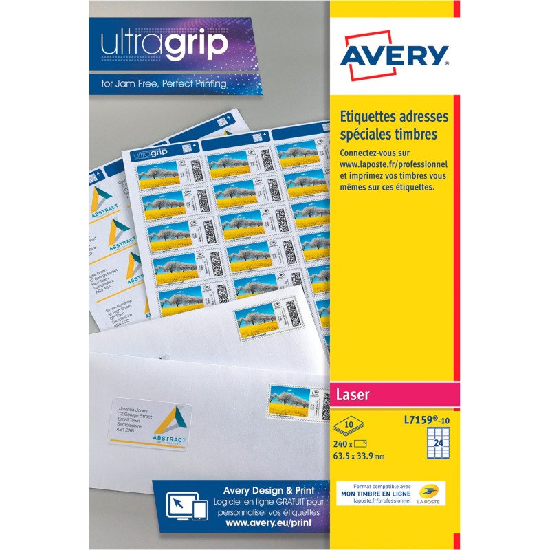 Etiquette timbre 63,5 x 33,9 mm laser Avery L7159-10 blanche - Boîte de 240