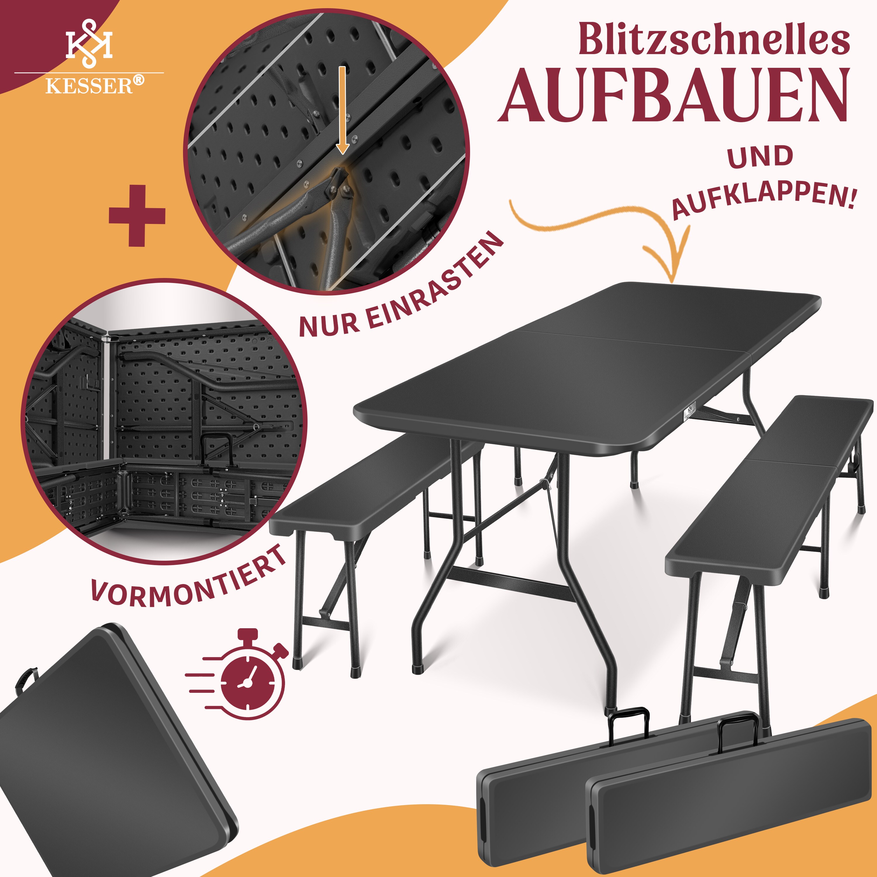 KESSER® Bierzeltgarnitur - 3-teilig Set, Tisch + 2 x Bank, für drinnen - draußen, klappbar, Tragegriffe, HxBxT: 73x180x75 cm , Kunststoff, Rattan-Look Gartengarnitur , Klapptisch , Gartentisch