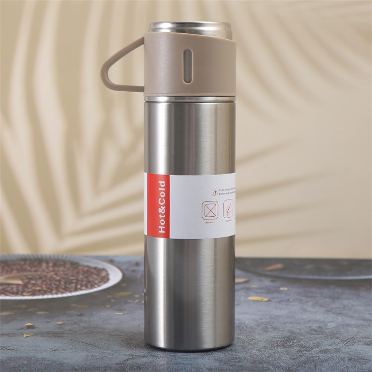 (4-tlg. Set) 500ml Edelstahl Thermo Trinkflasche Doppelwandige Camping Iso Kanne inkl. 3 Becher - Silber / Beige