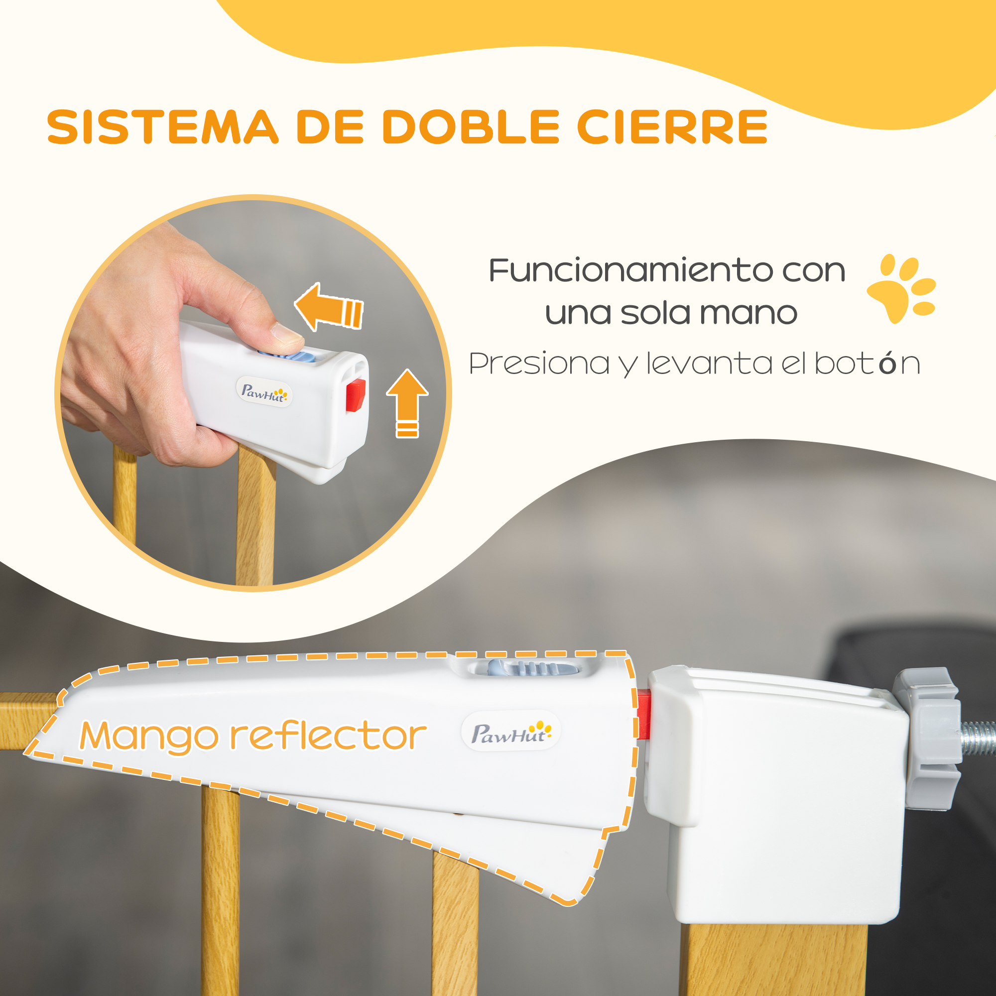 Portão de segurança PawHut para cães, extensível de 77 a 103 cm, com 2 extensões, alça iluminada e fechamento automático para escadas e portas, cor natural.