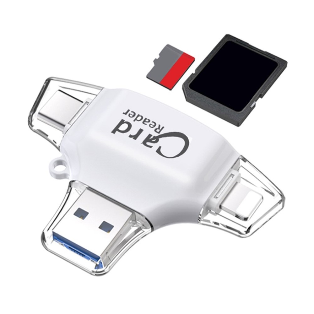 4in1 USB Mini Kartenlesegerät Card Reader Lightning / Micro USB / USB C / MicroSD & SD Karte - Weiss