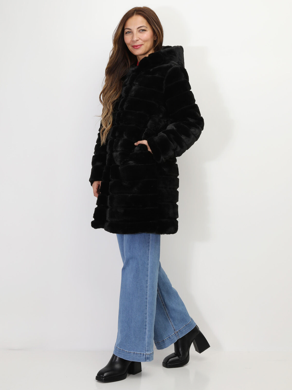 Manteau long à fausse fourrure- Noir