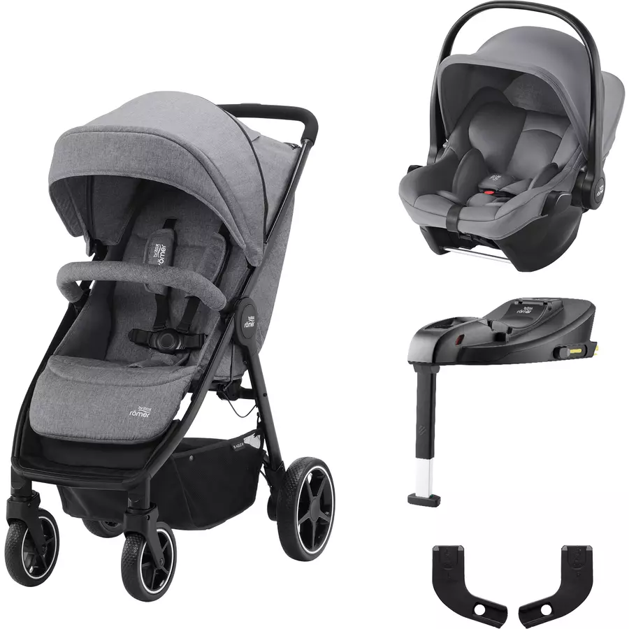 Britax Römer Buggy B-Agile M Elephant Grey inklusive Babyschale Baby-Safe Core i-Size Frost Grey plus Basisstation Core und Adapter