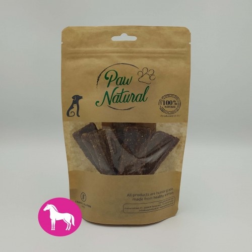 Tiras de petiscos com sabor natural de cavalo da Paw para cães.