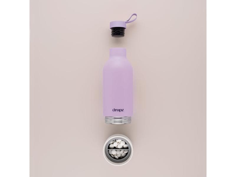 Dropz Trinkflasche 500 ml, Lavendel Doppelwandige Edelstahlflasche mit einem abschraubbaren Fach für dropz