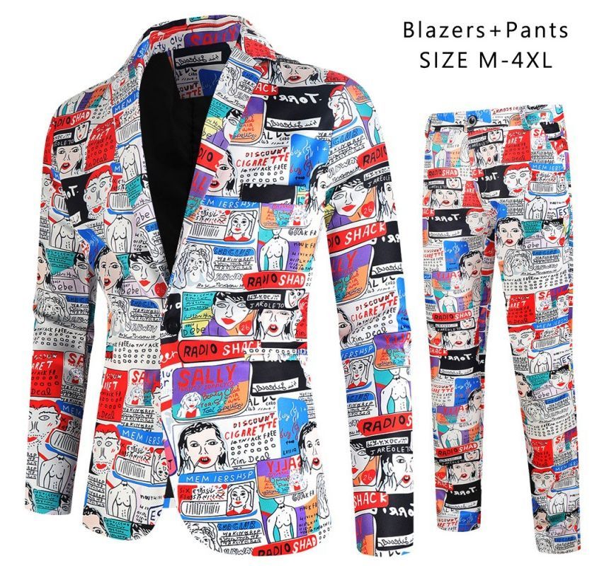 Sheck - Cartoon Print Single-Button Blazer / Vest / Rechte Broek / Set