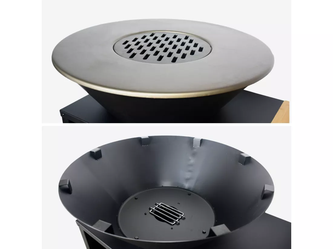 Brasero barbecue Ø80cm - Stromboli - coloris noir avec grille de cuisson et espace de rangement. L 138 x P 82 x H 114 cm