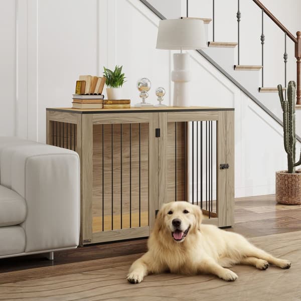 Hundeburmøbler, hundeboks med dør og vindu, sidebord til hjemmet, hundehus for store hunder under 30 kg, stål, 106 x 60 x 76 cm, eik