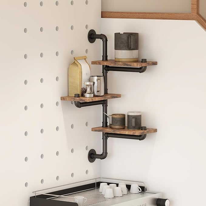 (82x62cm) Industrial Wandregal Loft Home Deko Regal Schwebendes Rohrregal mit 3 Ebenen - Braun / Schwarz