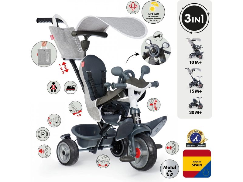 Smoby Dreirad Baby Driver Grau 3-in-1 Dreirad mit Sicherheitsfunktionen