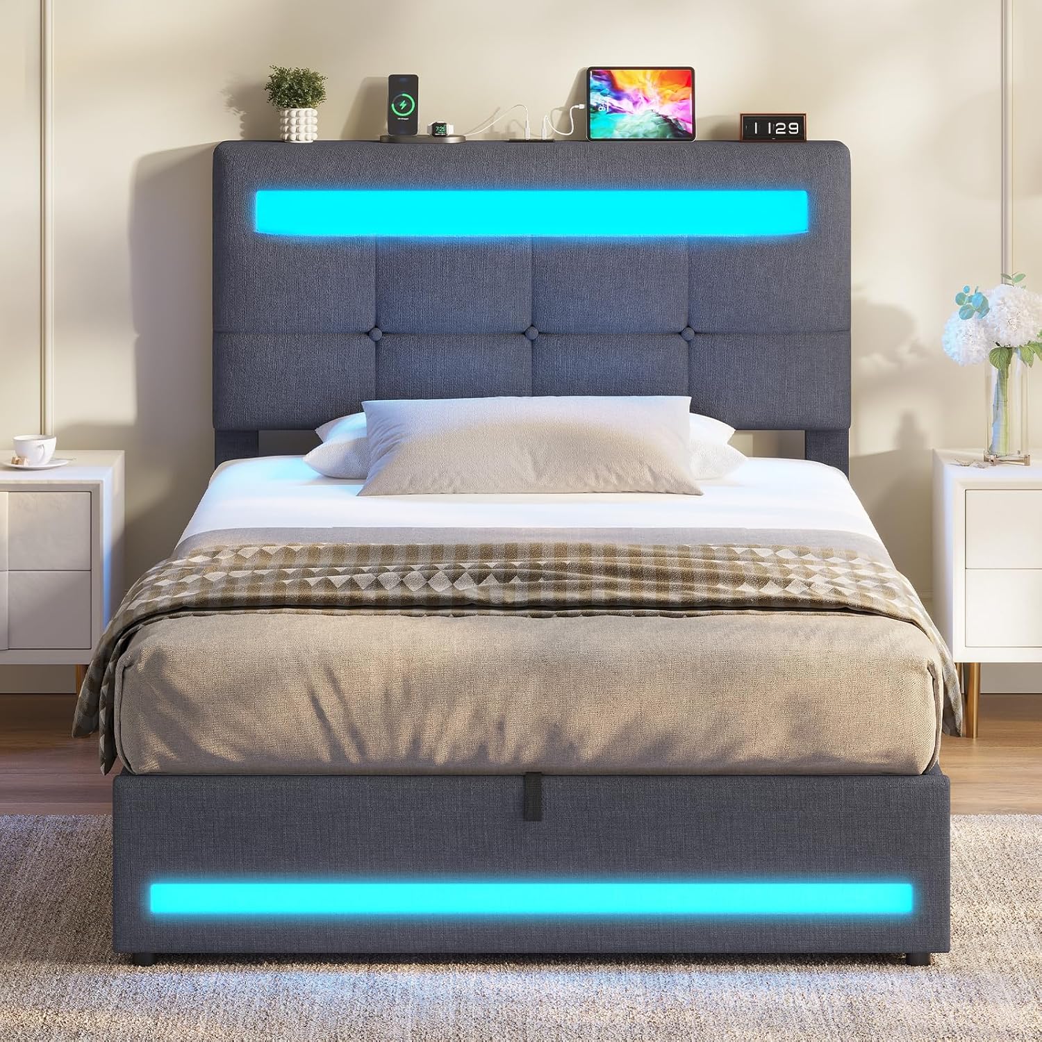AOGLLATI Polsterbett 90 x 200 mit LED Beleuchtung und Ladestation, jugendbett mit Höhenverstellbares Kopfteil und Stauraum, Hydraulisches Bett 90 x 200 cm,Lattenrost, Linen,Ohne Matratze, Dunkelgrau | stauraum, einzelbetten, Einfache Montage, Robust