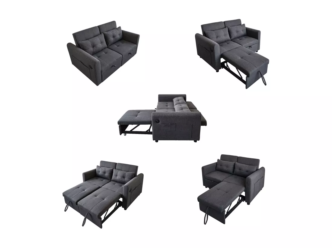Canapé convertible 2 places en tissu lin avec dossier réglable et prise USB, canapé-lit - 142 x 85 x 83 cm - Fonction sommeil - Gris