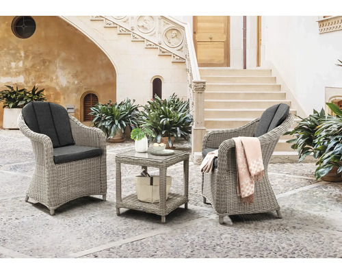 Destiny MALAGA MERANO 2-zits balkonset bestaande uit: 2 fauteuils, bijzettafel, polyrotan, aluminium, glas, wit, grijs