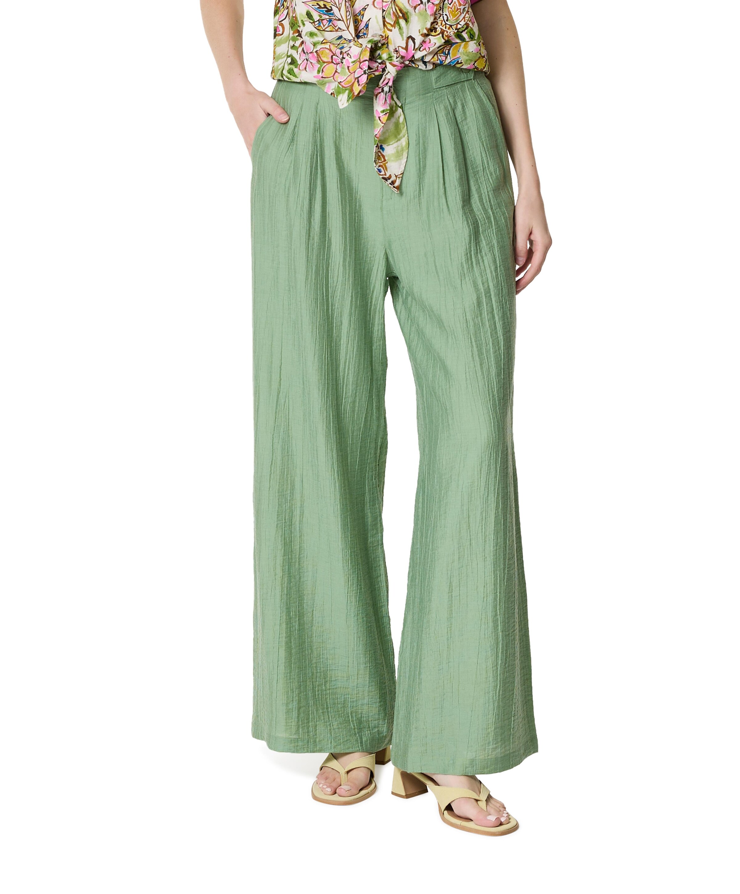 EsQualo Wide light crinkle dames broek groen