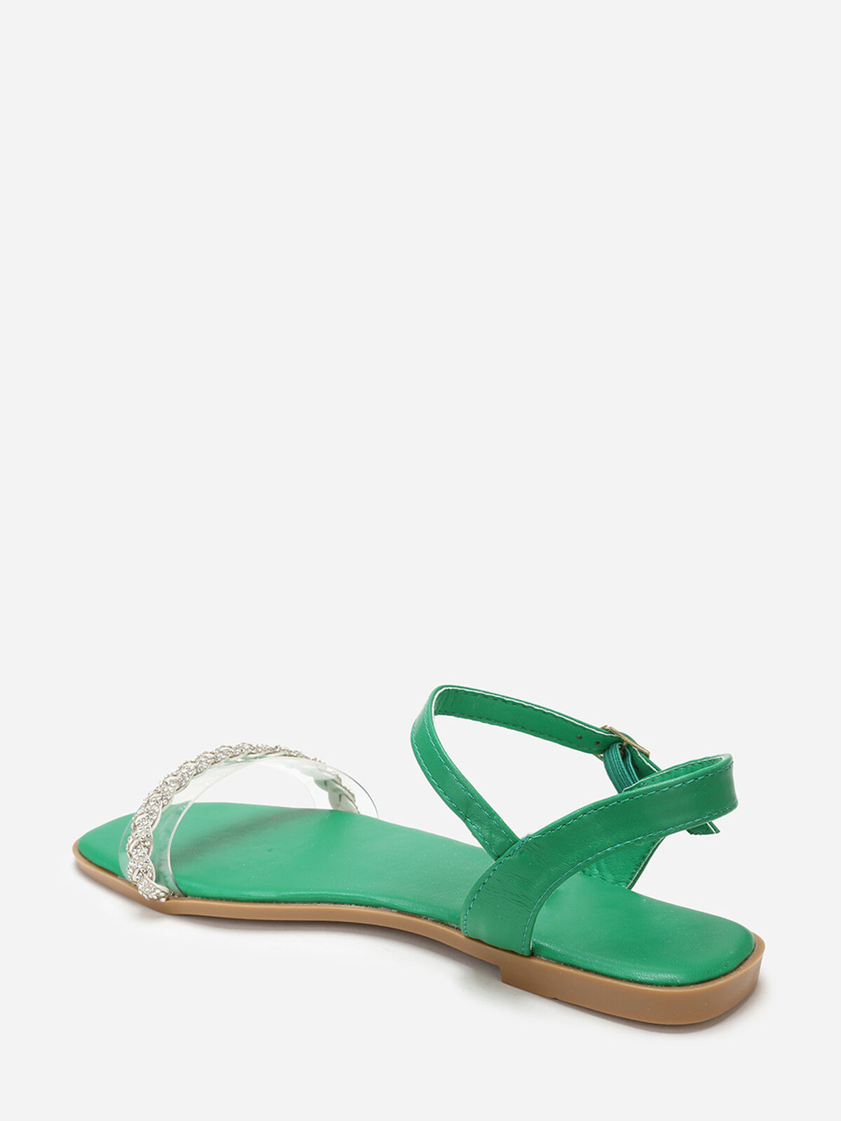 Sandales plates à bride transparente et strass- Vert