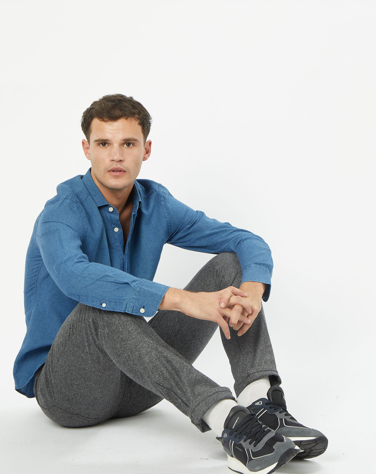 Hackett London Chemise en Lin & Coton Slim Fit Text micro imprimé bleu moyen