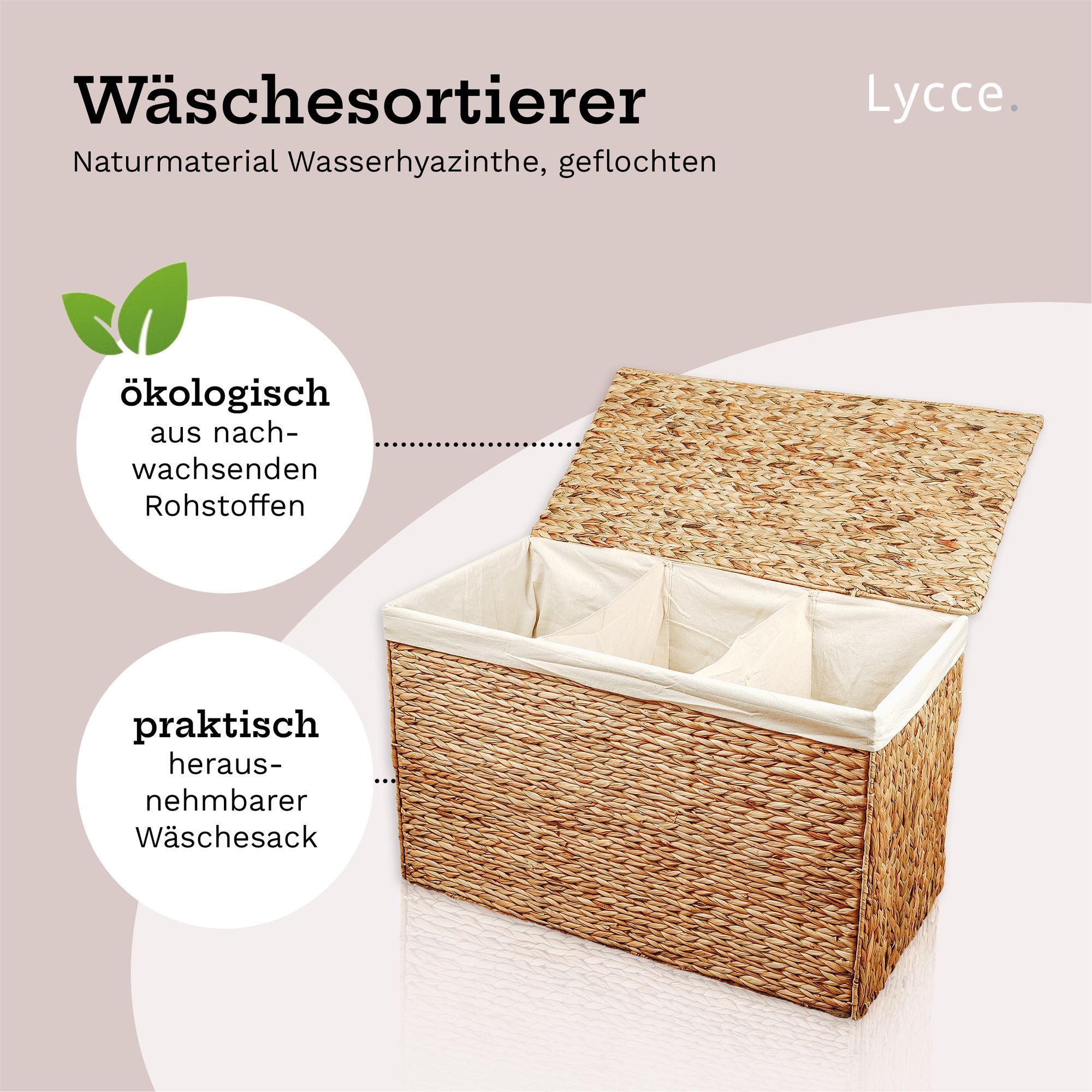 Lycce Wäschesortierer aus Wasserhyazinthe 150L, 3 Fächer, Stoffeinsatz