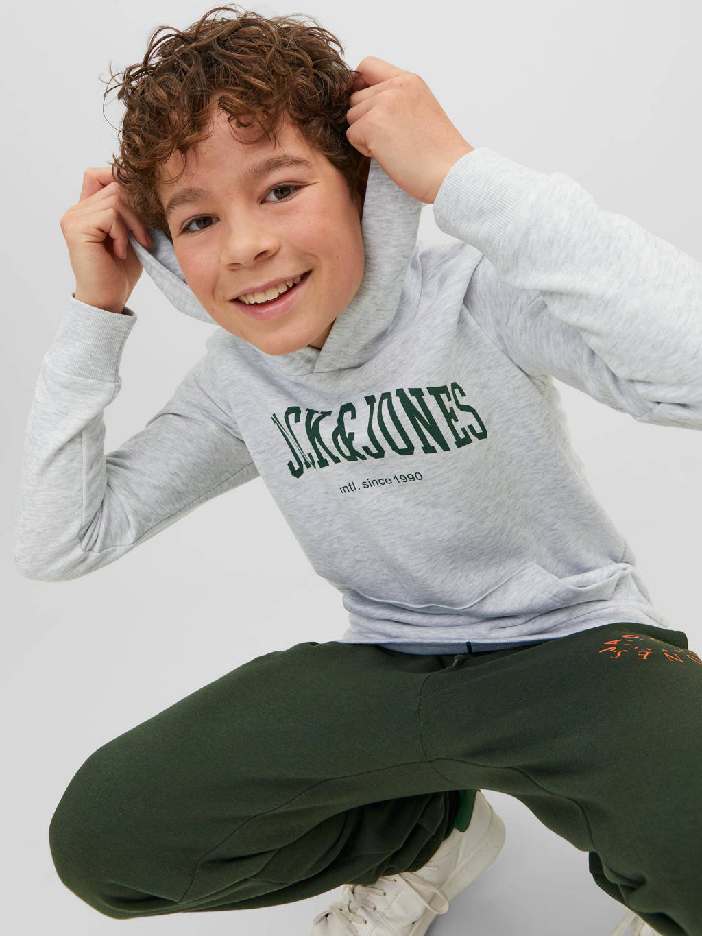 JACK & JONES hoodie JJEJOSH met logo lichtgrijs melange