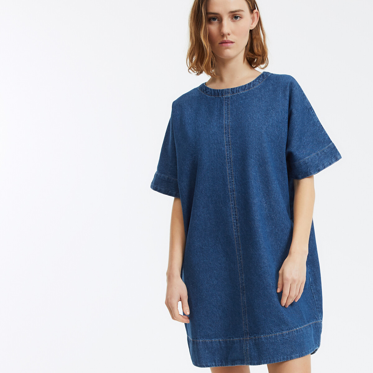 COLEÇÕES LA REDOUTE<br>Vestido evasê, jeans, mangas curtas