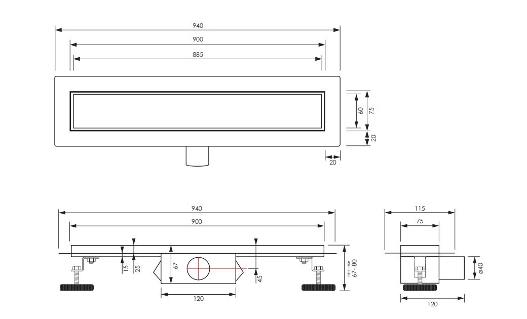 Brauer douchegoot 90x7cm met multifunctioneel rooster en flens geborsteld koper PVD
