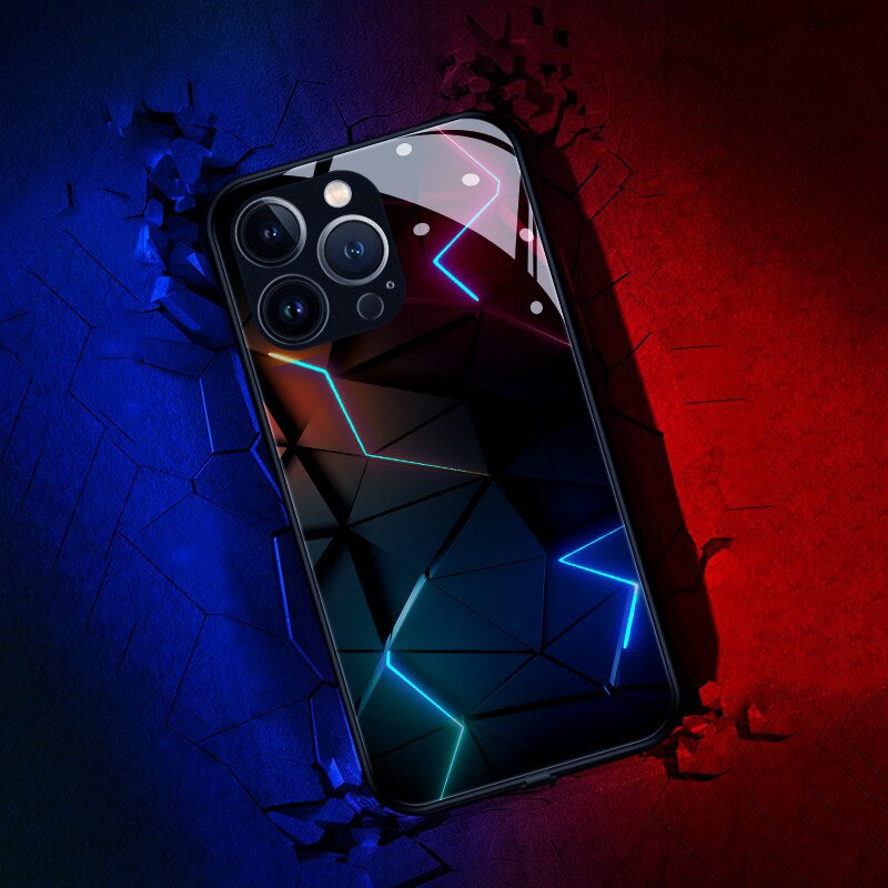 iPhone 14 Hybrid Hardcase Hülle mit TPU Bumper   LED Acryl Rückseite   Kameraschutz - Blitz Design