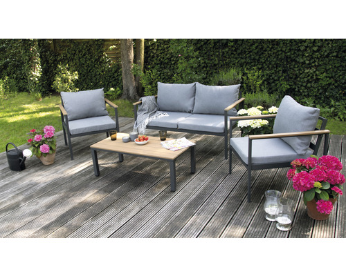 Tuinmeubelset loungeset Garden Place Lucy 4-zits bestaande uit: tweezitsbank, tafel, 2 fauteuils incl. kussens, aluminium, kunststof, hout