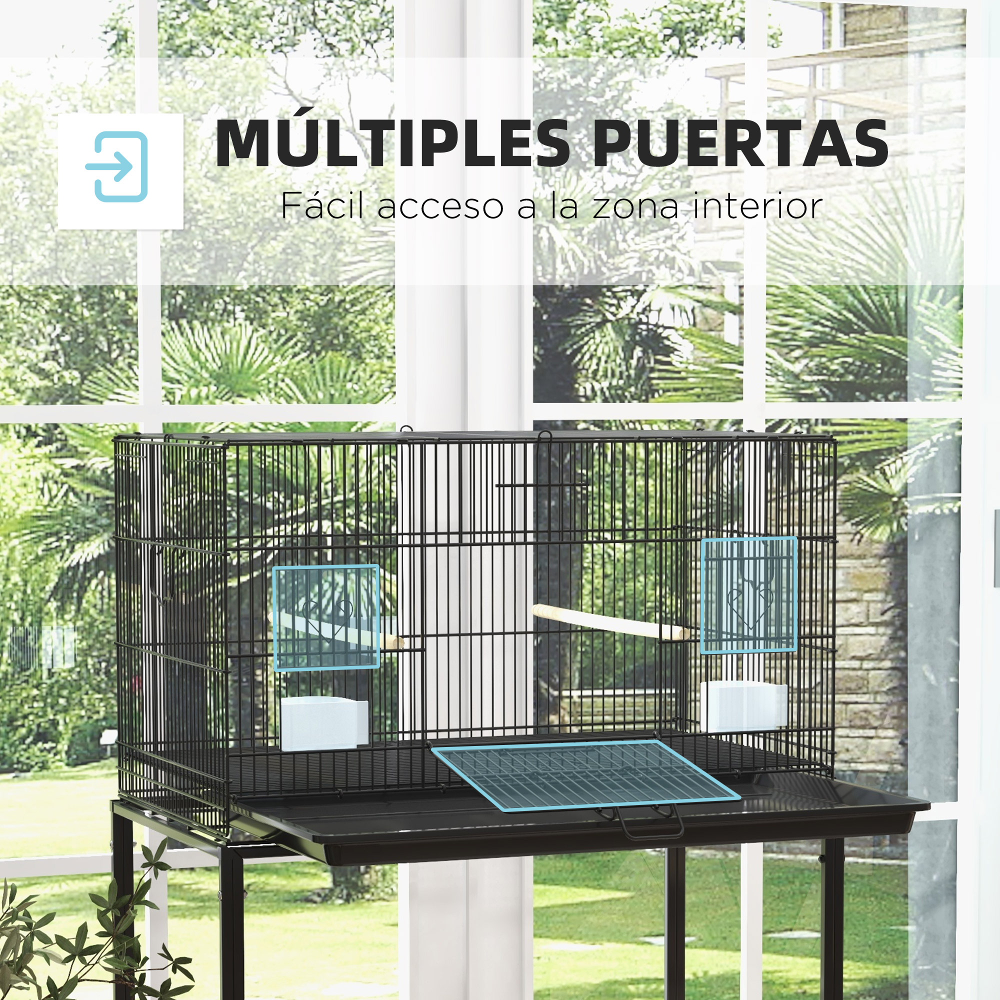 Gaiola para pássaros PawHut com rodas, 77x46x119 cm, em metal, com bandeja removível, 2 poleiros, 2 comedouros e prateleira de armazenamento para periquitos e canários, preta.