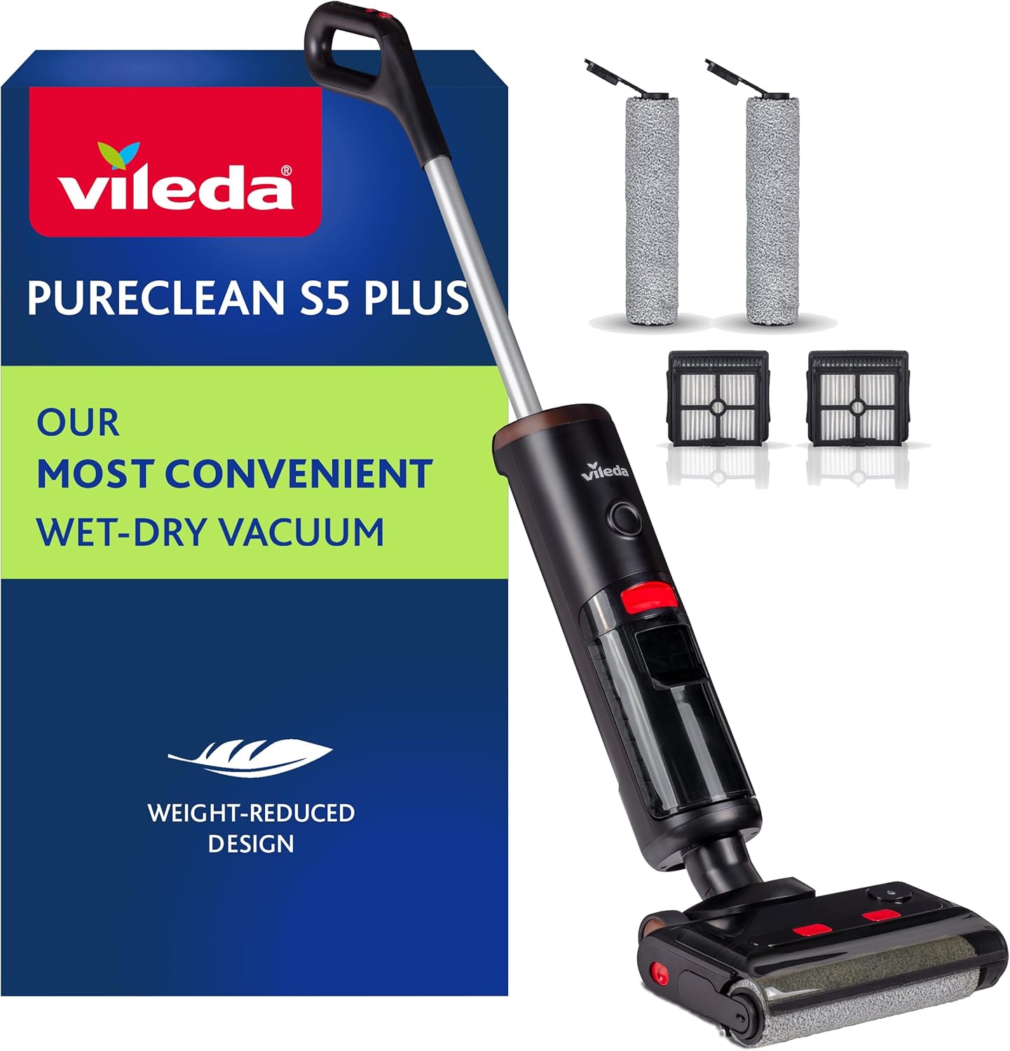 Vileda PureClean S5 Nass-Trockensauger mit Zubehör (2 Rollen, 2 Filter) | Kabelloser Akku Saugwischer mit Doppeltank & 100% Wassertrennung - Leicht, für alle Böden | 180m² mit 30Min Akkulaufzeit
