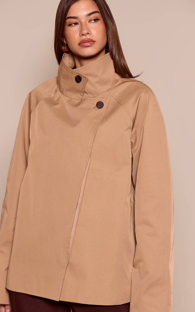 Marron Trench-coat Mi-long Beige À Col Montant
