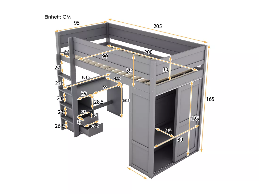 Lit mezzanine 90x200cm, lit enfant polyvalent, équipé d'armoire, bureau et tiroirs, échelle, sommier à lattes, pin, gris