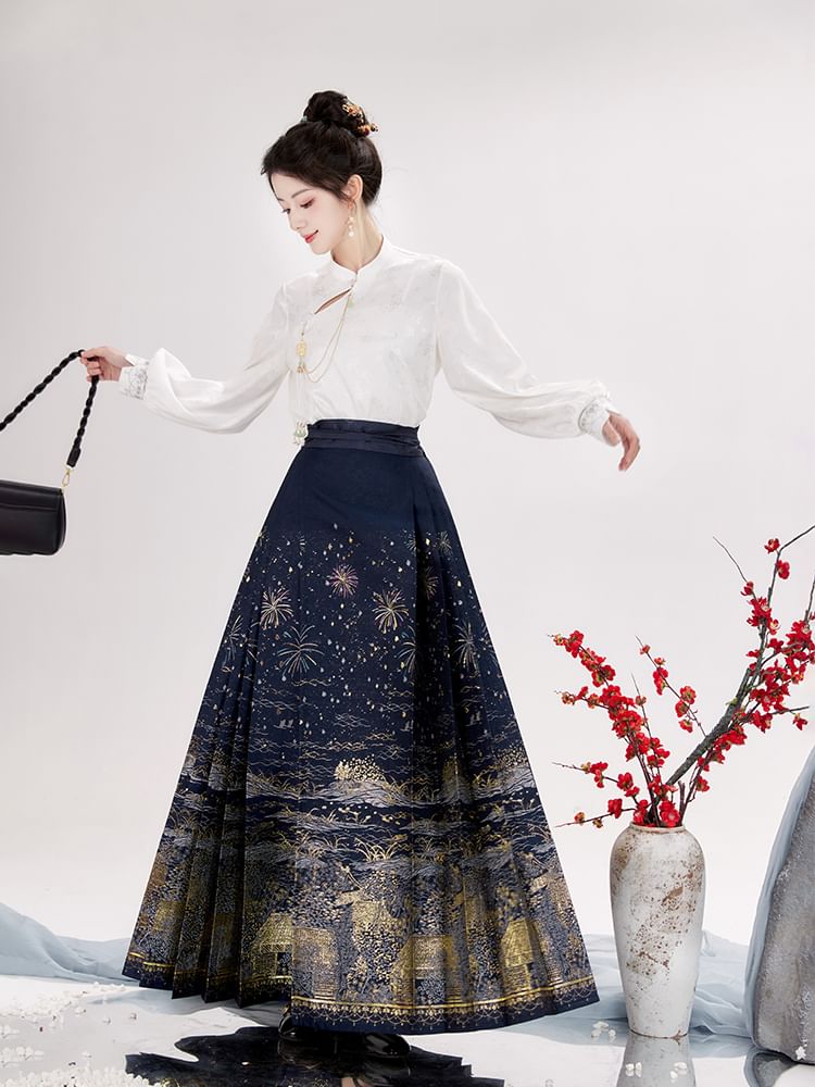Keiko Girl - Hanfu-top met pofmouwen en bloemenjacquard / geplooide midi-rok met hoge taille en print / set