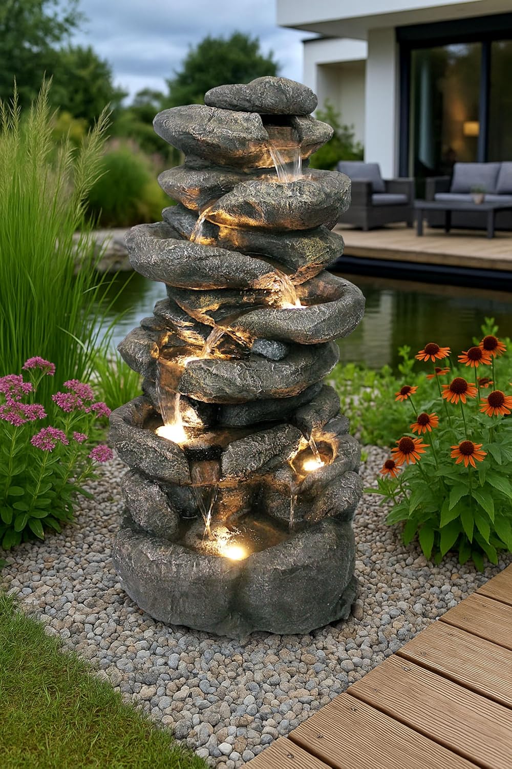 Großer Gartenbrunnen BK902 mit LED Beleuchtung Felsen Wasserfall Springbrunnen große Gartendeko Steinoptik 100 cm