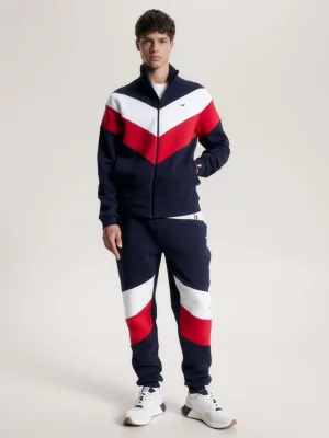 Moletom esportivo com gola alta e zíper frontal em blocos de cores