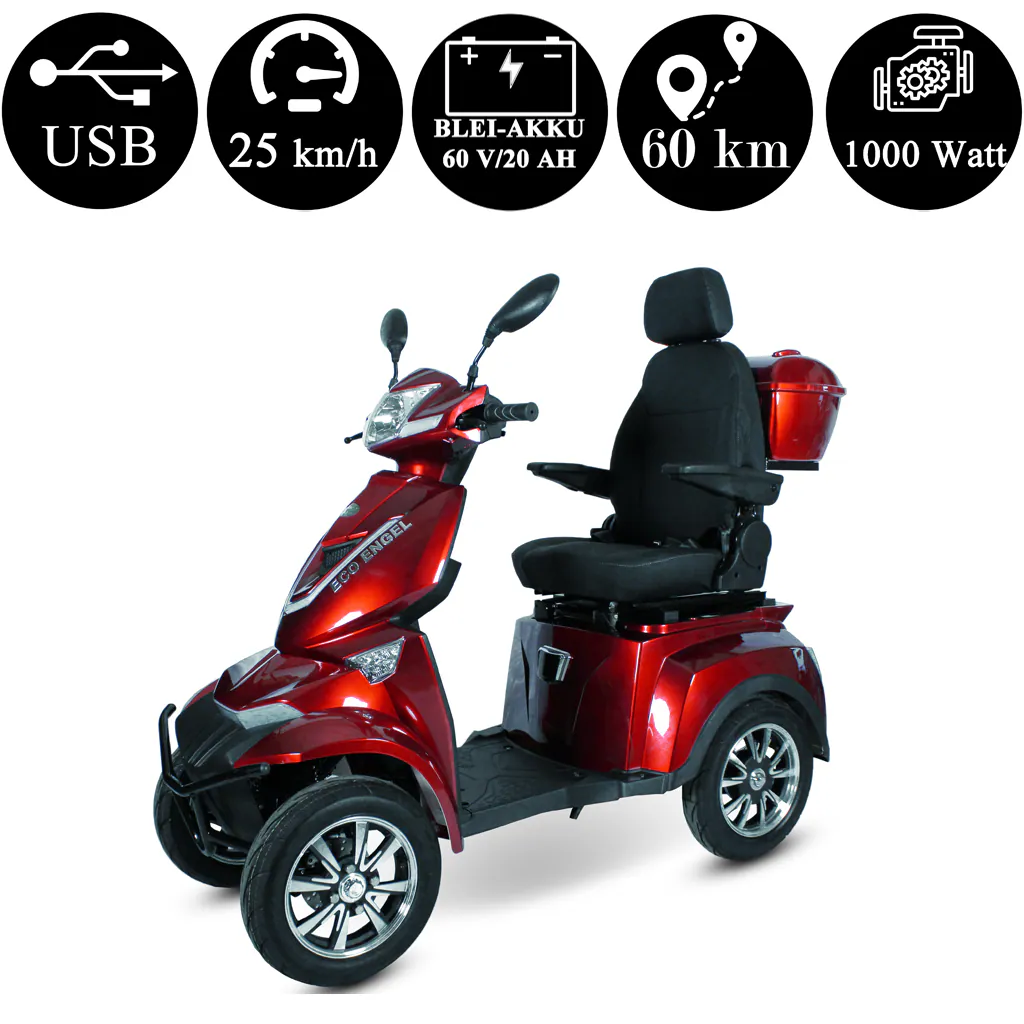 ECO ENGEL 530, 1000 Watt, 25 km/h, Elektromobil 4-Rad Roller, Rot - versch. Farben