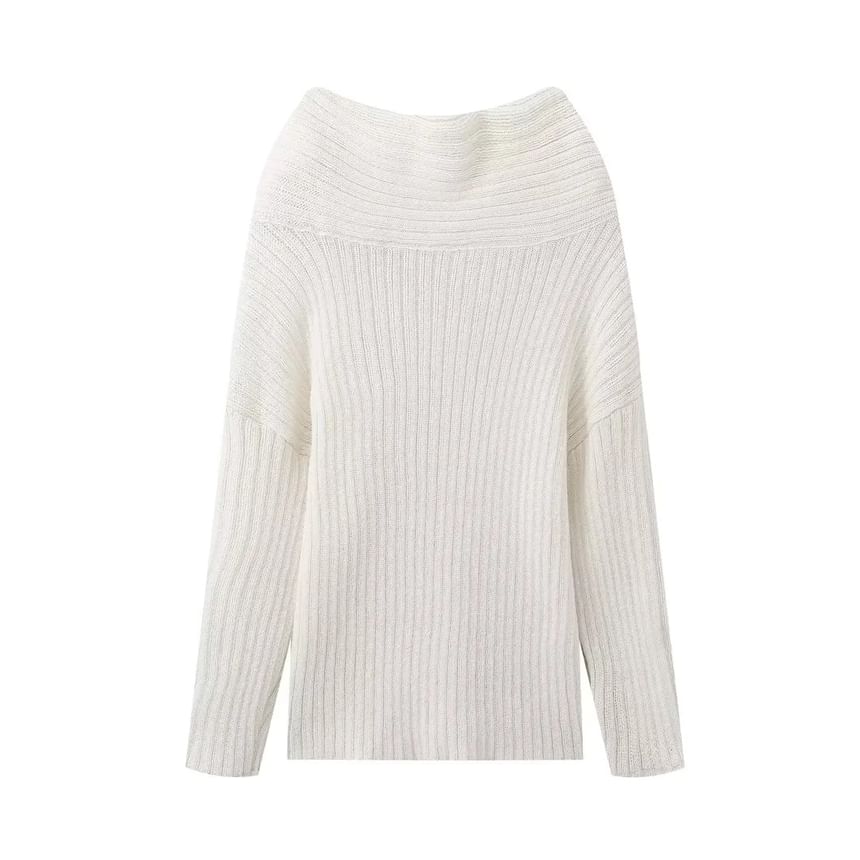 Asiris - Lange mouwen off-shoulder effen geribbelde oversized trui