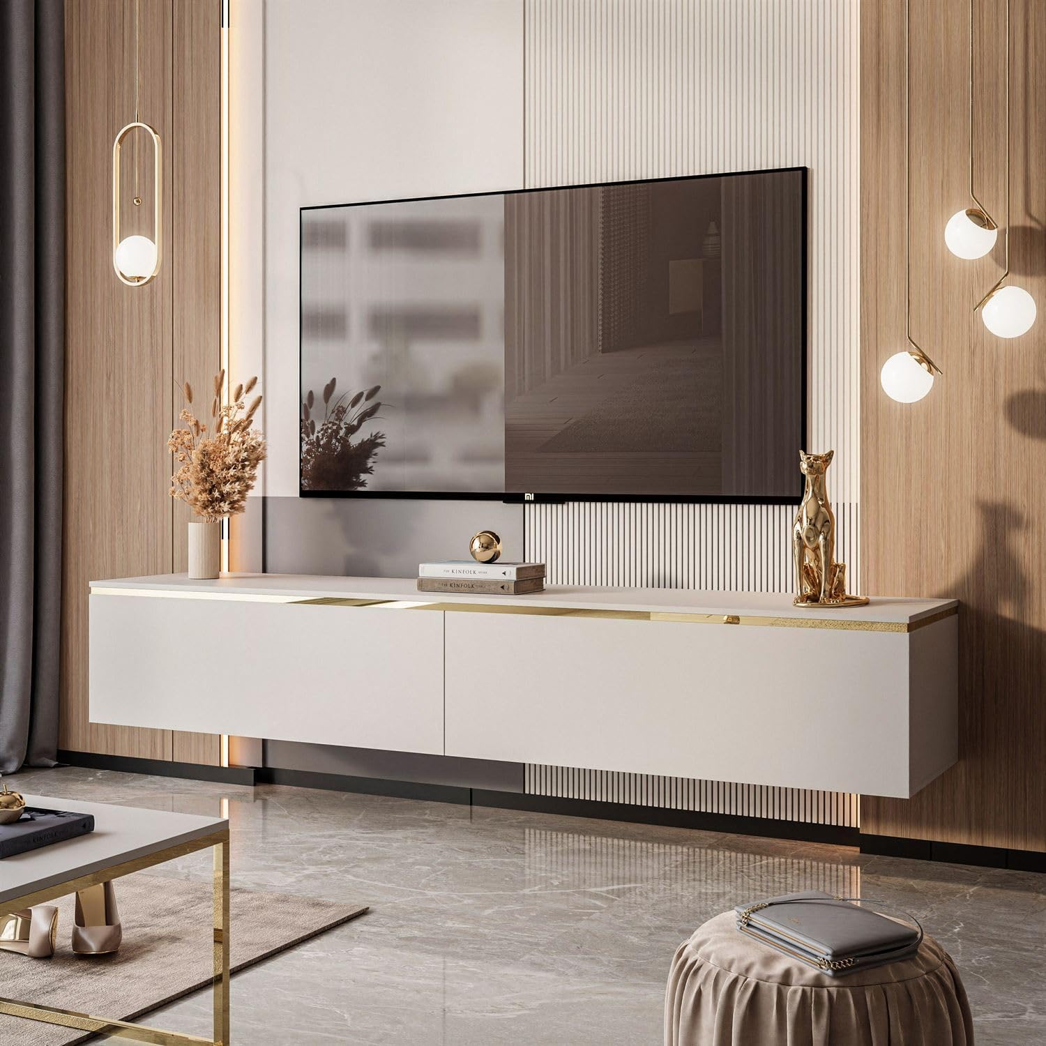 Lookway TV-Schrank Aurora Kaschmir Matt 180 cm Hängeschrank Oder Auf Füßen Gold Dekorative Leiste Mit LED-Option Modernes Wohnzimmermöbel (ohne LED Beleuchtung, Hängend- ohne Beine)