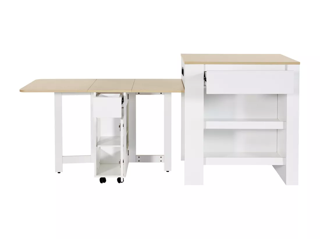 Ilot central de cuisine avec 4 tiroirs et étagères ouvertes - Plateau extensible - 110(214)x78x97.5 cm - 2 à 6 personnes - Blanc+naturel