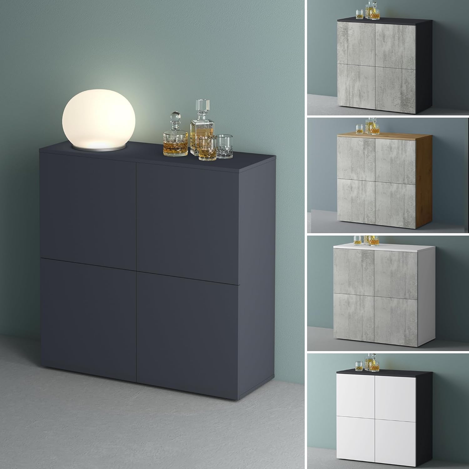 Mai & Mai Möbel Kommode Aufbewahrungsschrank mit 4 Türen in Anthrazit matt Sideboard Schrank Mehrzweckschrank BTH: 76x36,4x74 cm Schrank04