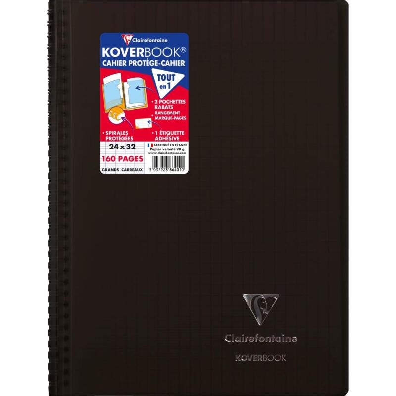 Cahier reliure intégrale enveloppante Koverbook 24x32cm 160 pages grands carreaux couverture polypropylène transparent - Assortis
