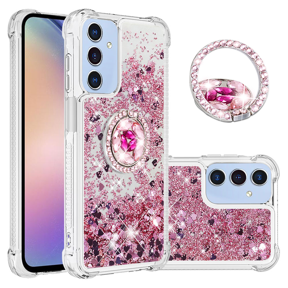 Samsung Galaxy A17 / A26 Hardcase Hülle mit Air Cushion Fallschutz Liquid Case Glitzer Herzen   Haltering - Pink / Transparent