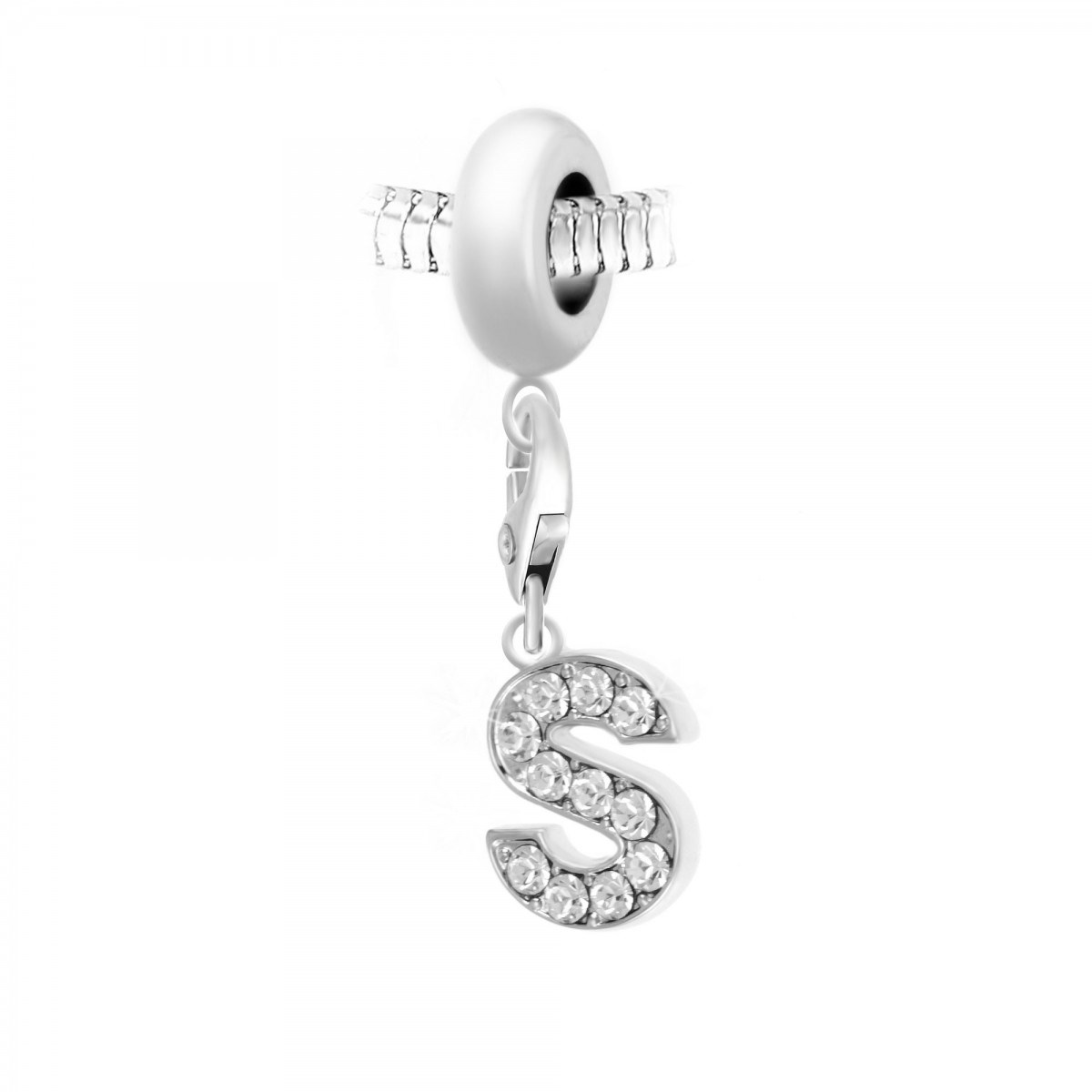 Charm perle SC Crystal en acier avec pendentif lettre S ornée de Cristaux scintillants