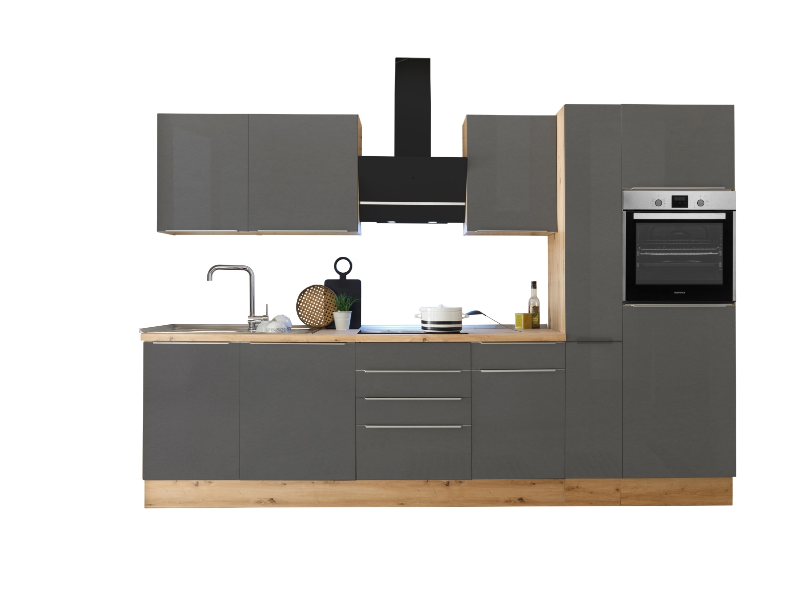 RESPEKTA Küchenblock - grau Matt-Artisan Eiche Sägerau - mit E-Geräten - 310 cm