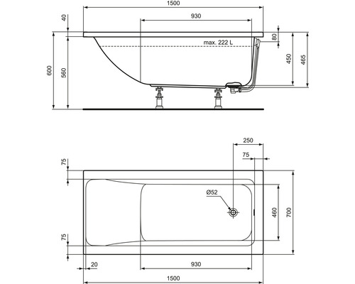 Ideal Standard Connect Air bad 70 x 150 cm glanzend wit T361301