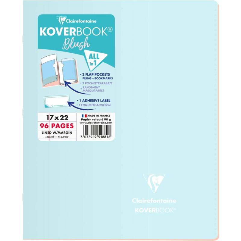 Cahier piqué Koverbook Blush 17x22cm 96 pages ligné + marge couverture polypropylène opaque Couleur aléatoire - Assortis