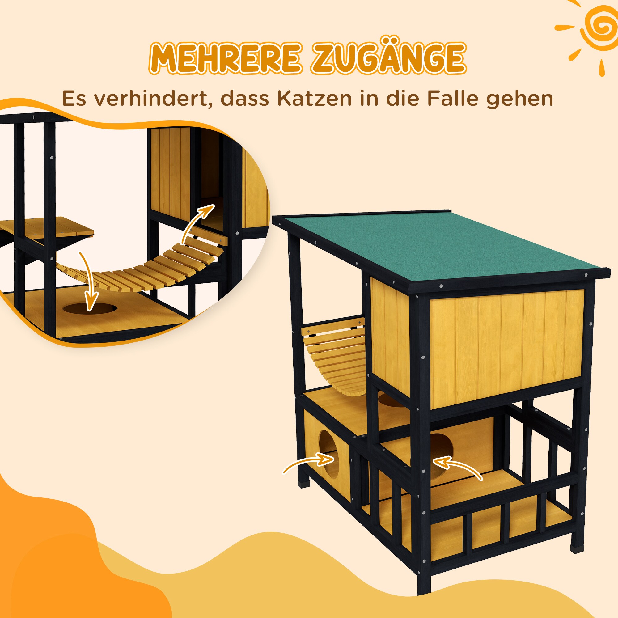 PawHut Katzenhaus mit Zugbrücke natur 84,5L x 60B x 88H cm