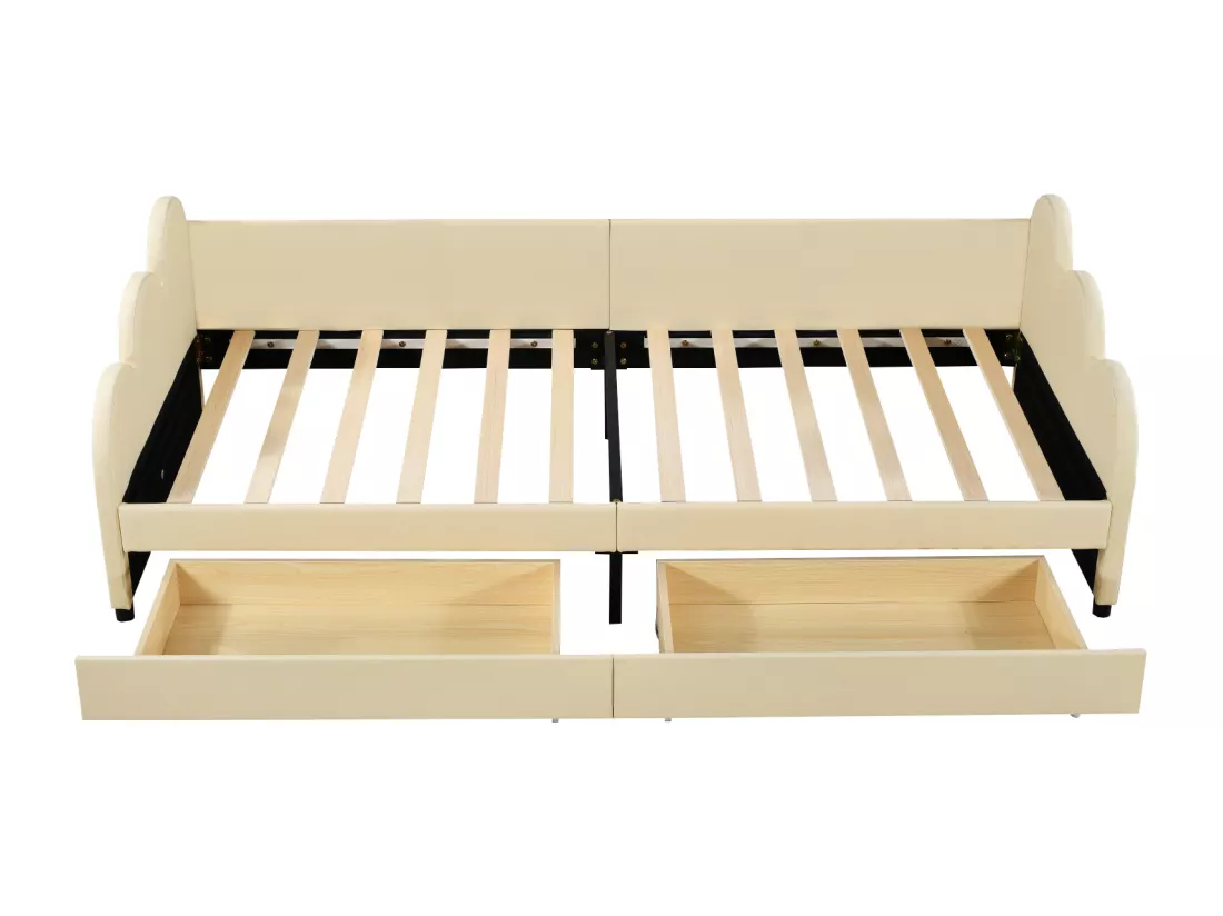 Lit banquette rembourré en similicuir 90x200cm - avec 2 tiroirs - Beige