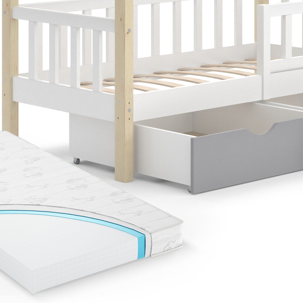 VitaliSpa Kinderbett Hausbett Einzelbett Design Weiß Grau Natur modern 70x140 cm Kinderzimmer Bett Massivholz Lattenrost Schublade Rausfallschutz Schubladenbett Matratze